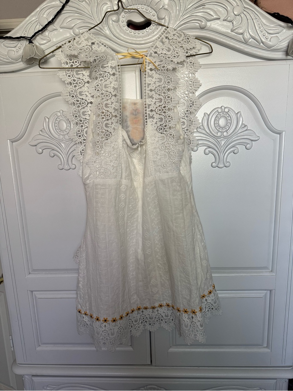 White Lace Mini Dress with Yellow & Blue Embroidery - Picture 2 of 9
